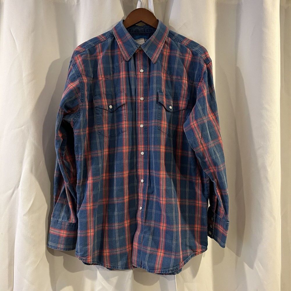 Wrangler Shirt Mens Large Plaid Pearl Snap‎ Long Sleeve Western Wear